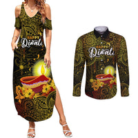 happy-diwali-festival-couples-matching-summer-maxi-dress-and-long-sleeve-button-shirts-diya-lamp-hibiscus-polynesian-pattern