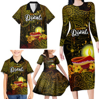 Happy Diwali Festival Family Matching Long Sleeve Bodycon Dress and Hawaiian Shirt Diya Lamp Hibiscus Polynesian Pattern LT05 - Polynesian Pride