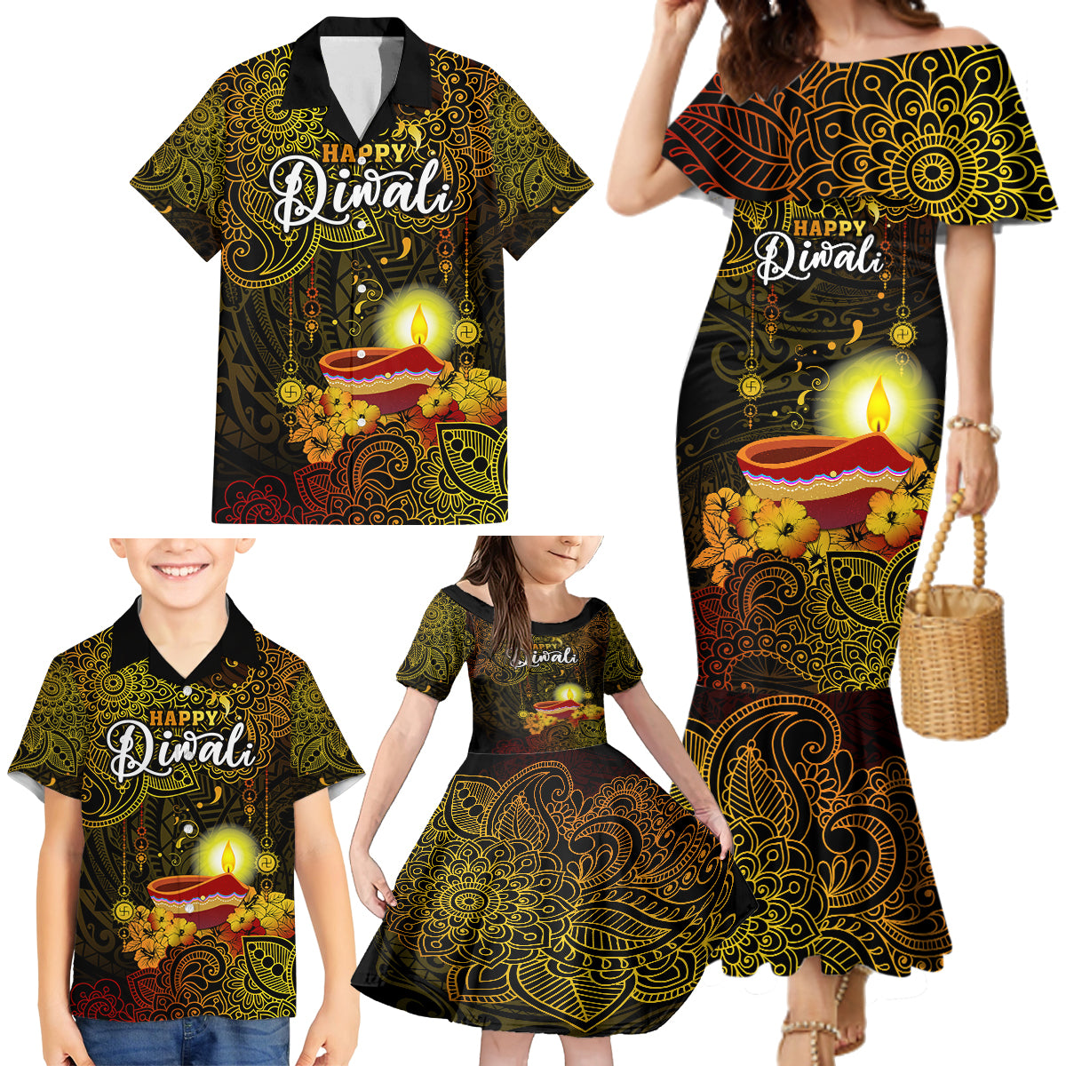 Happy Diwali Festival Family Matching Mermaid Dress and Hawaiian Shirt Diya Lamp Hibiscus Polynesian Pattern LT05 - Polynesian Pride