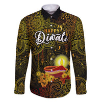 Happy Diwali Festival Family Matching Mermaid Dress and Hawaiian Shirt Diya Lamp Hibiscus Polynesian Pattern LT05 Dad's Shirt - Long Sleeve Yellow - Polynesian Pride