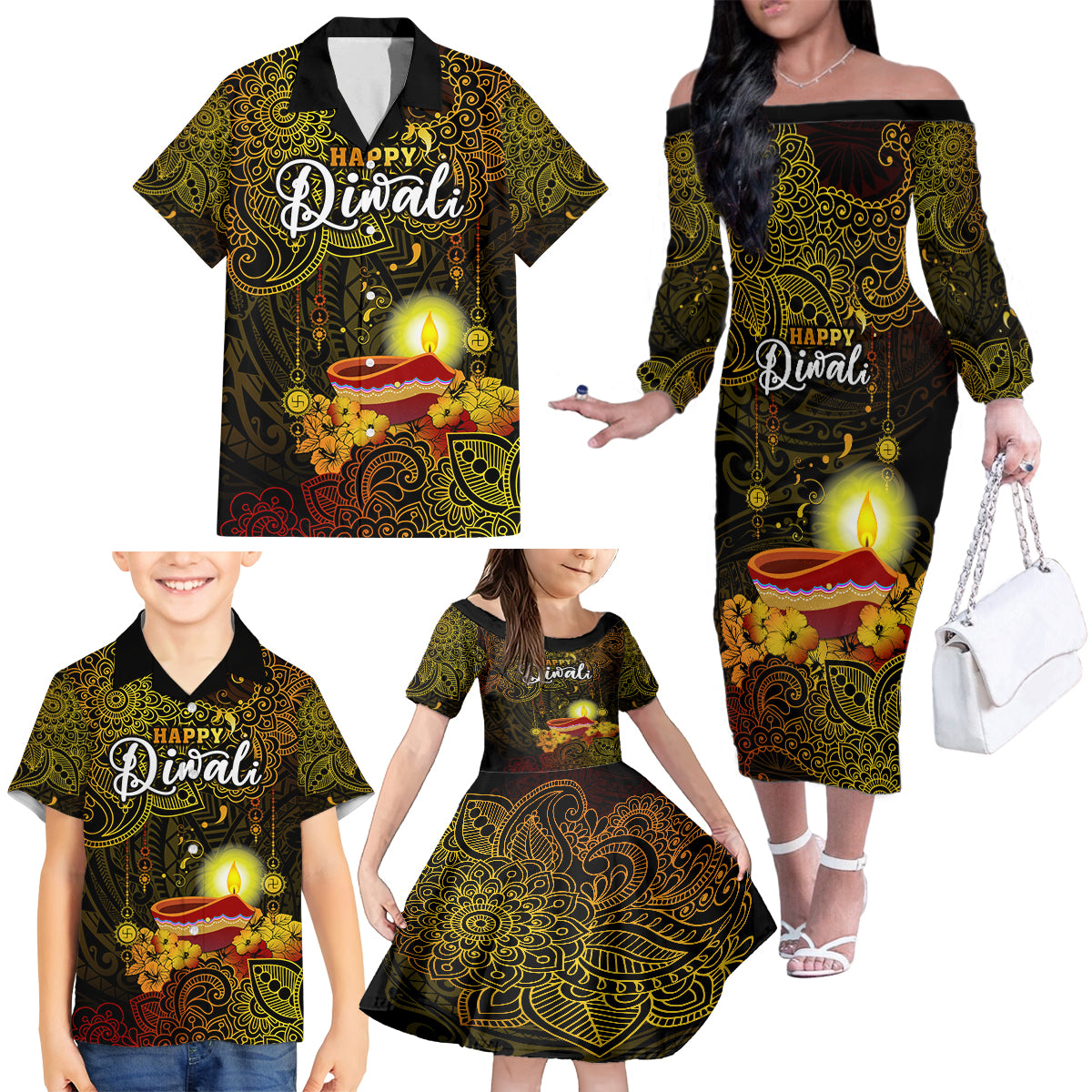 Happy Diwali Festival Family Matching Off Shoulder Long Sleeve Dress and Hawaiian Shirt Diya Lamp Hibiscus Polynesian Pattern LT05 - Polynesian Pride