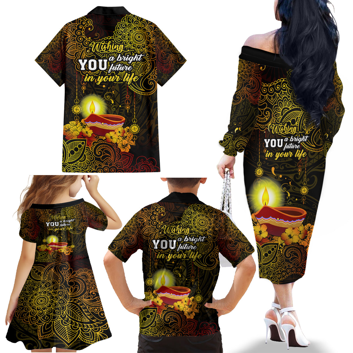 Happy Diwali Festival Family Matching Off Shoulder Long Sleeve Dress and Hawaiian Shirt Diya Lamp Hibiscus Polynesian Pattern LT05 - Polynesian Pride