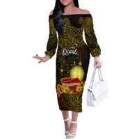 Happy Diwali Festival Family Matching Off Shoulder Long Sleeve Dress and Hawaiian Shirt Diya Lamp Hibiscus Polynesian Pattern LT05 Mom's Dress Yellow - Polynesian Pride