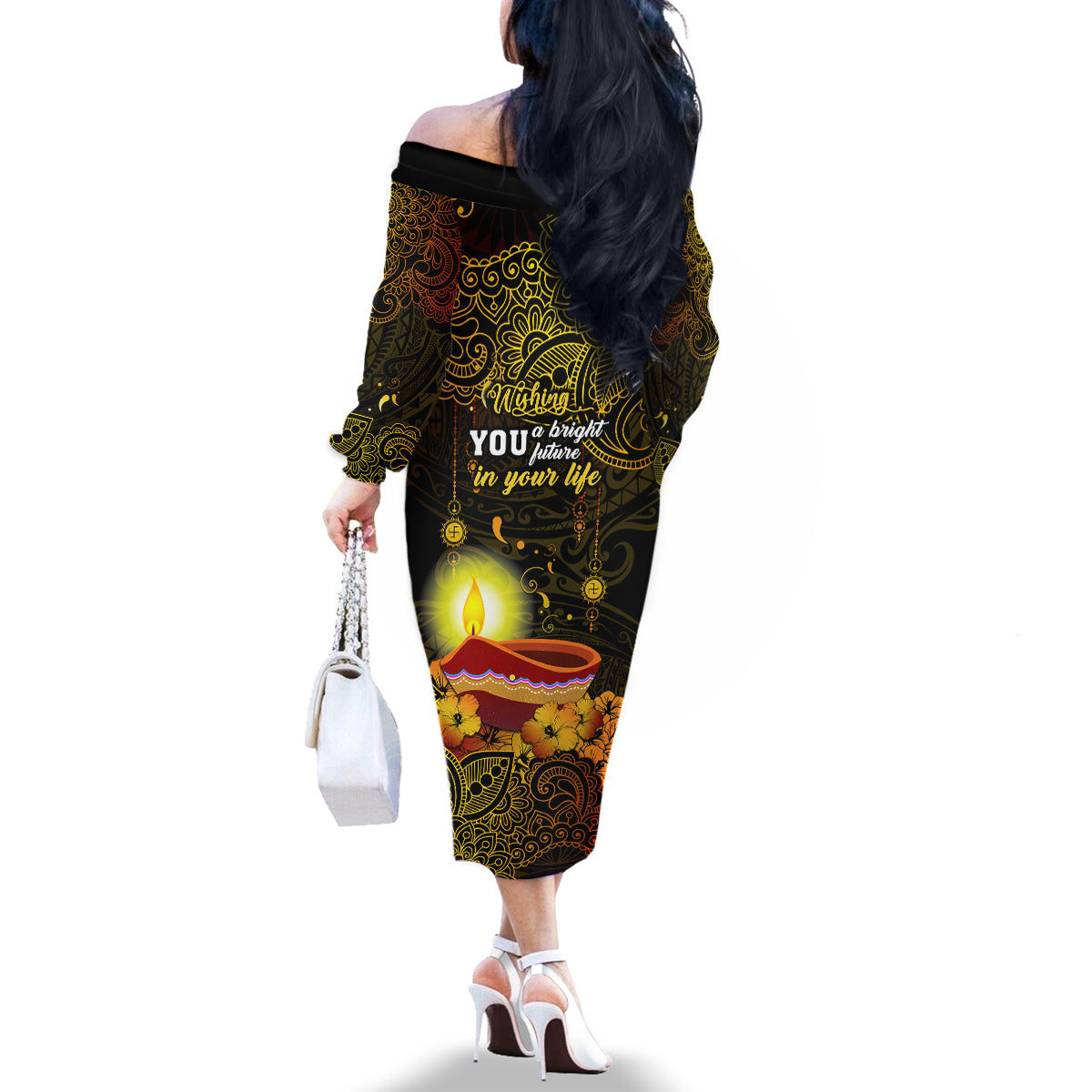 Happy Diwali Festival Family Matching Off Shoulder Long Sleeve Dress and Hawaiian Shirt Diya Lamp Hibiscus Polynesian Pattern LT05 - Polynesian Pride