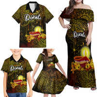 Happy Diwali Festival Family Matching Off Shoulder Maxi Dress and Hawaiian Shirt Diya Lamp Hibiscus Polynesian Pattern LT05 - Polynesian Pride