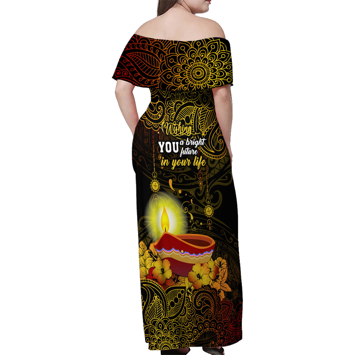 Happy Diwali Festival Family Matching Off Shoulder Maxi Dress and Hawaiian Shirt Diya Lamp Hibiscus Polynesian Pattern LT05 - Polynesian Pride