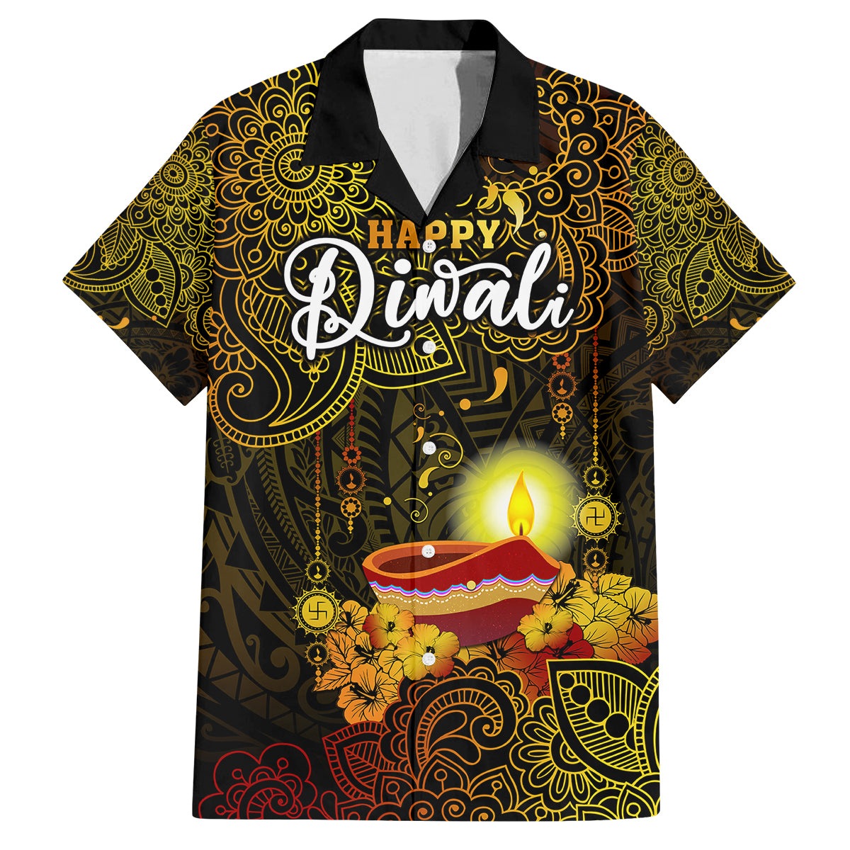 Happy Diwali Festival Family Matching Off Shoulder Maxi Dress and Hawaiian Shirt Diya Lamp Hibiscus Polynesian Pattern LT05 Mom's Dress Yellow - Polynesian Pride