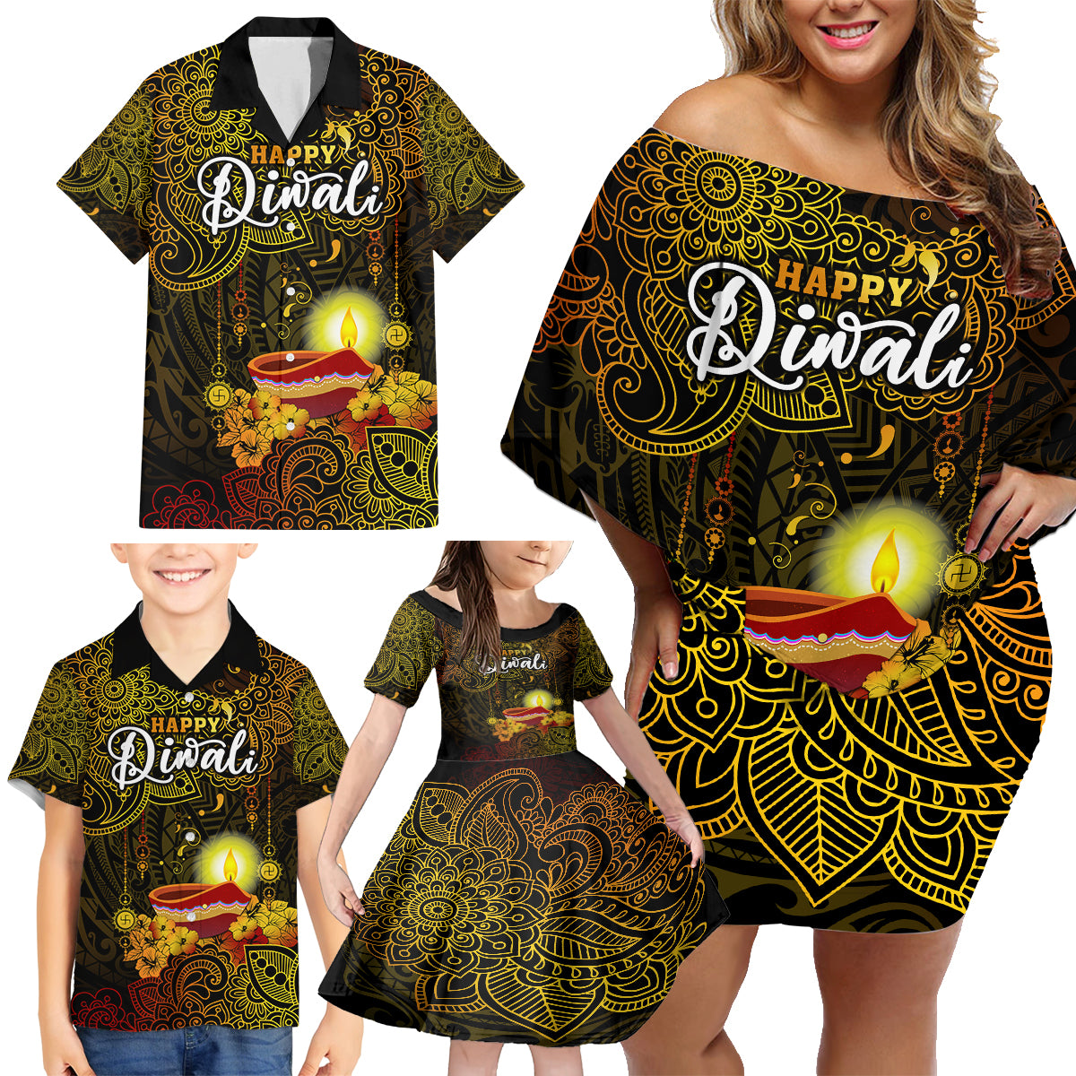Happy Diwali Festival Family Matching Off Shoulder Short Dress and Hawaiian Shirt Diya Lamp Hibiscus Polynesian Pattern LT05 - Polynesian Pride