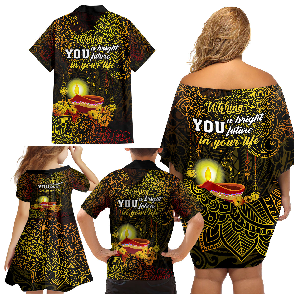 Happy Diwali Festival Family Matching Off Shoulder Short Dress and Hawaiian Shirt Diya Lamp Hibiscus Polynesian Pattern LT05 - Polynesian Pride