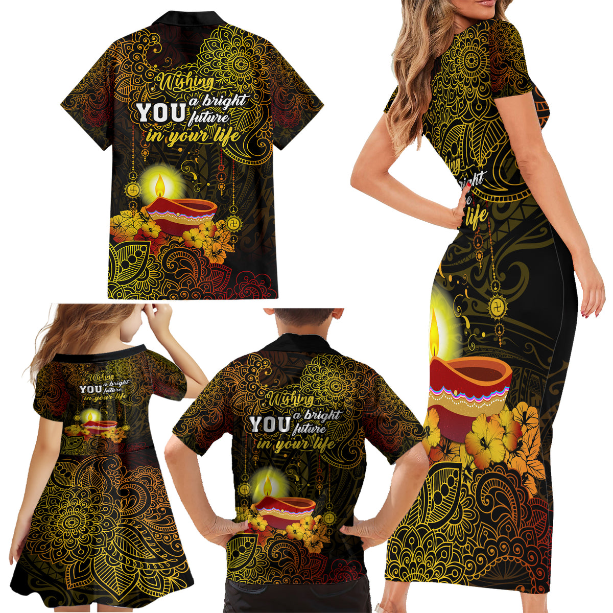 Happy Diwali Festival Family Matching Short Sleeve Bodycon Dress and Hawaiian Shirt Diya Lamp Hibiscus Polynesian Pattern LT05 - Polynesian Pride