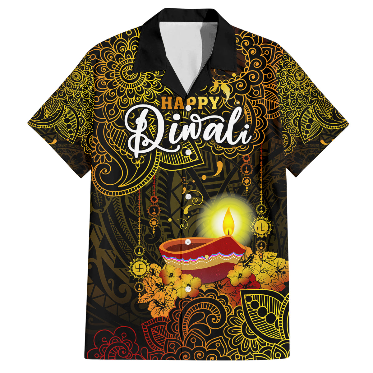Happy Diwali Festival Family Matching Short Sleeve Bodycon Dress and Hawaiian Shirt Diya Lamp Hibiscus Polynesian Pattern LT05 Dad's Shirt - Short Sleeve Yellow - Polynesian Pride