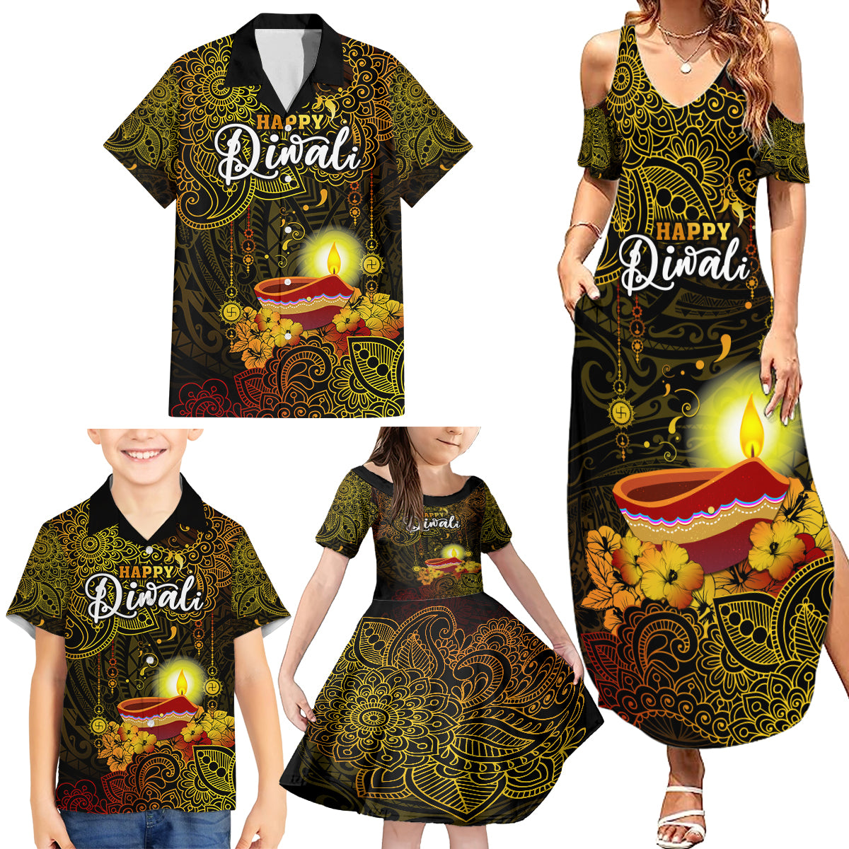 Happy Diwali Festival Family Matching Summer Maxi Dress and Hawaiian Shirt Diya Lamp Hibiscus Polynesian Pattern LT05 - Polynesian Pride