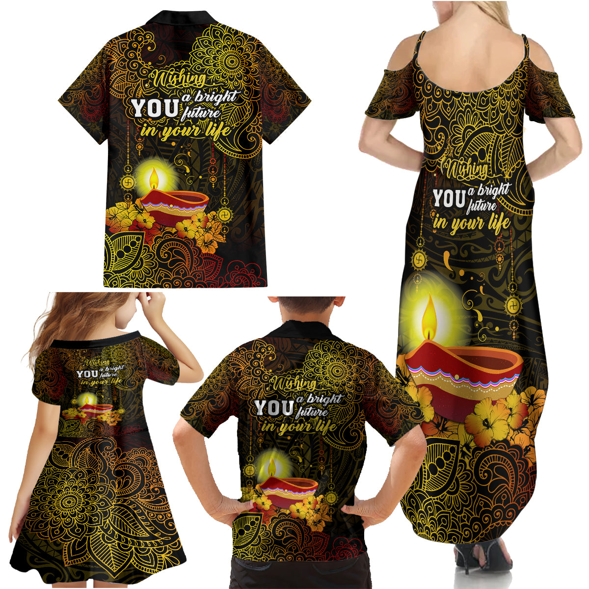 Happy Diwali Festival Family Matching Summer Maxi Dress and Hawaiian Shirt Diya Lamp Hibiscus Polynesian Pattern LT05 - Polynesian Pride