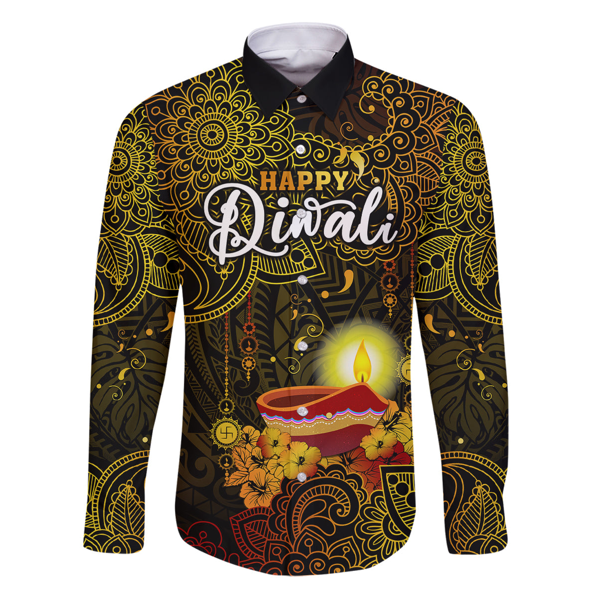 Happy Diwali Festival Family Matching Summer Maxi Dress and Hawaiian Shirt Diya Lamp Hibiscus Polynesian Pattern LT05 Dad's Shirt - Long Sleeve Yellow - Polynesian Pride