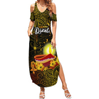 Happy Diwali Festival Family Matching Summer Maxi Dress and Hawaiian Shirt Diya Lamp Hibiscus Polynesian Pattern LT05 Mom's Dress Yellow - Polynesian Pride