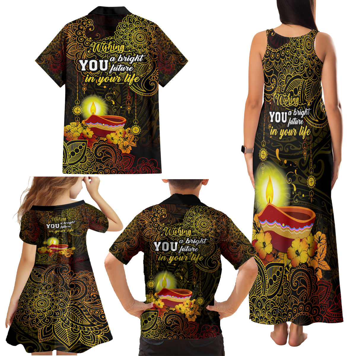 Happy Diwali Festival Family Matching Tank Maxi Dress and Hawaiian Shirt Diya Lamp Hibiscus Polynesian Pattern LT05 - Polynesian Pride
