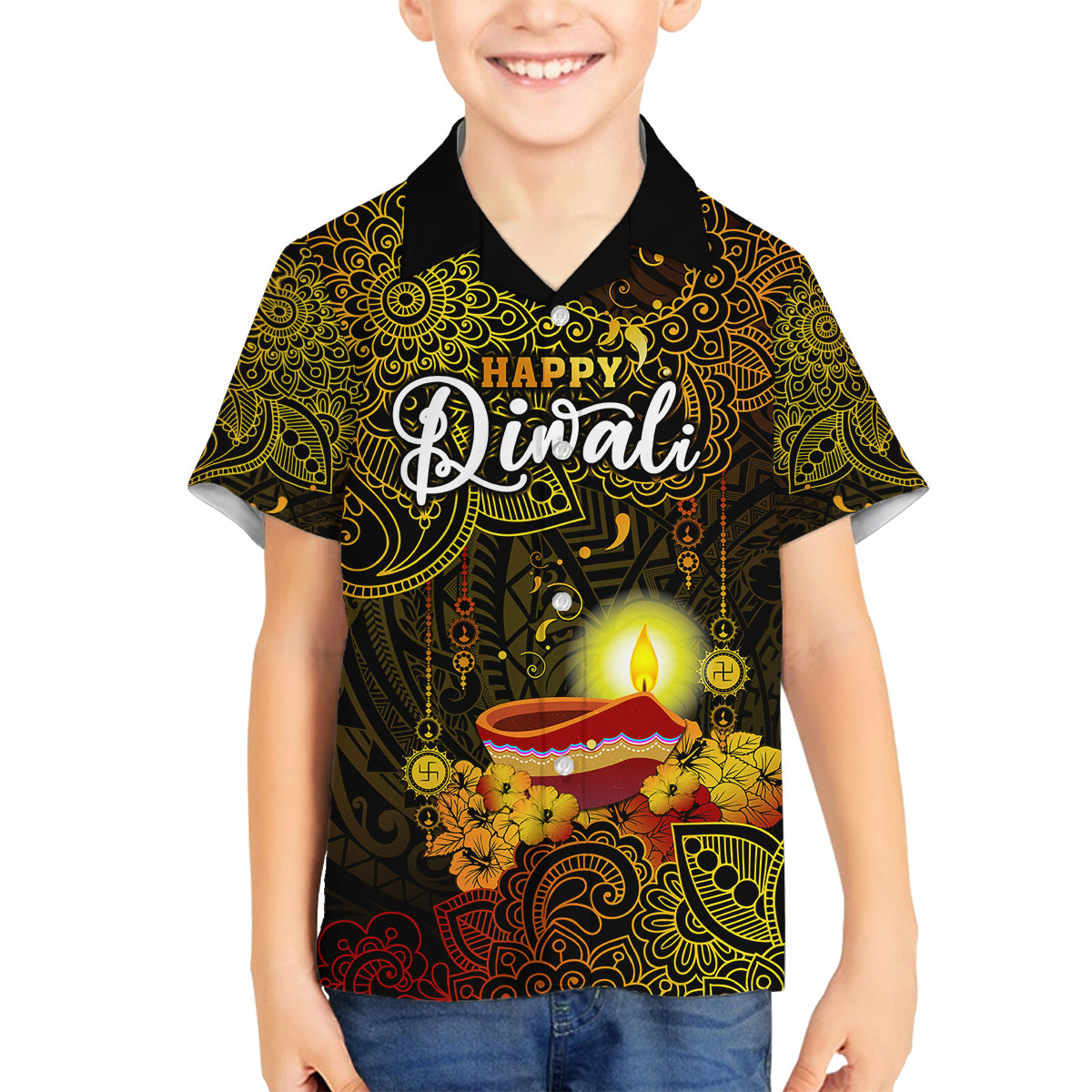 Happy Diwali Festival Family Matching Tank Maxi Dress and Hawaiian Shirt Diya Lamp Hibiscus Polynesian Pattern LT05 Son's Shirt Yellow - Polynesian Pride