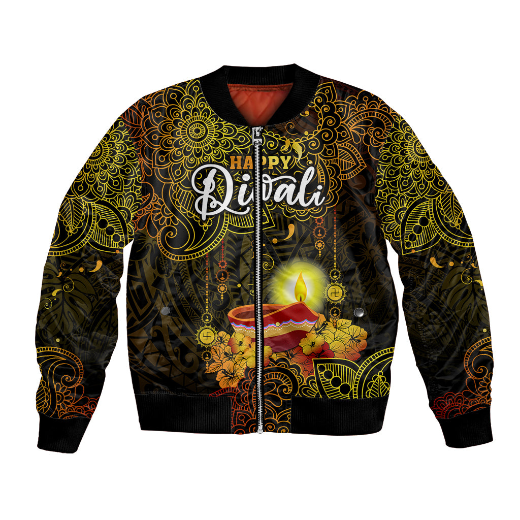 personalized-happy-diwali-festival-bomber-jacket-diya-lamp-hibiscus-polynesian-pattern