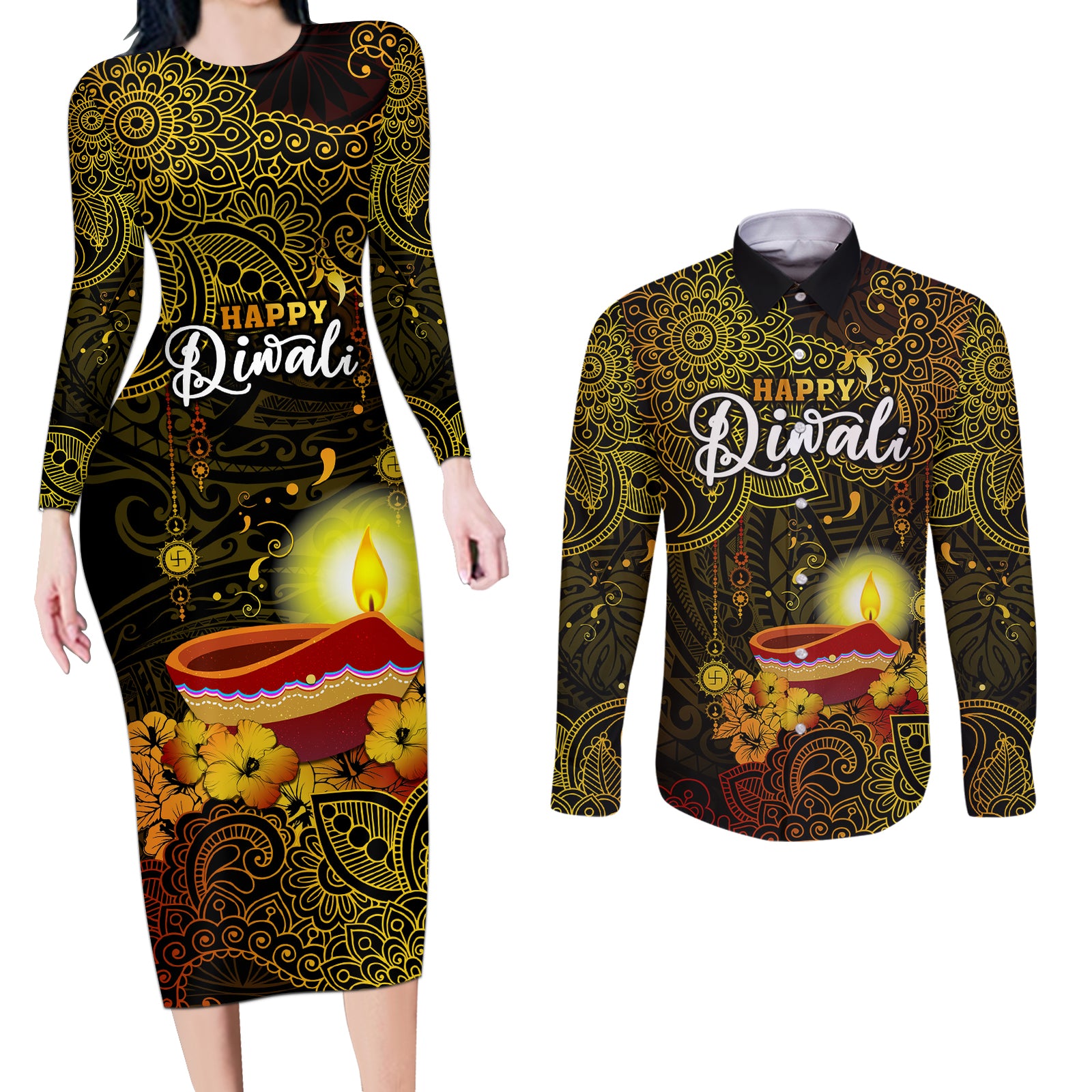 personalized-happy-diwali-festival-couples-matching-long-sleeve-bodycon-dress-and-long-sleeve-button-shirts-diya-lamp-hibiscus-polynesian-pattern
