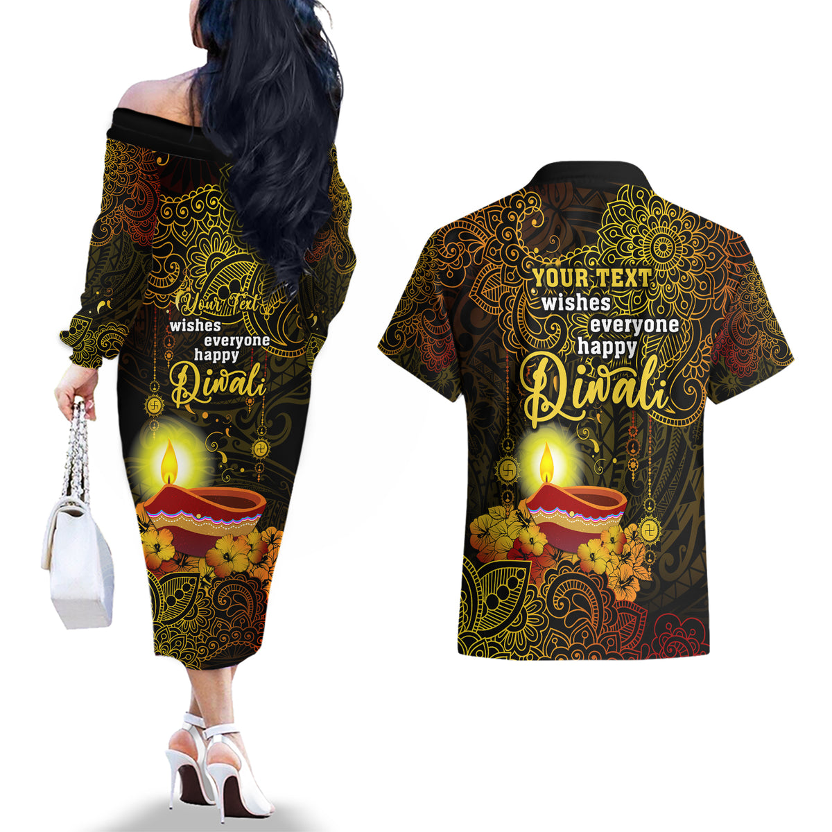 personalized-happy-diwali-festival-couples-matching-off-the-shoulder-long-sleeve-dress-and-hawaiian-shirt-diya-lamp-hibiscus-polynesian-pattern