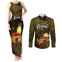 personalized-happy-diwali-festival-couples-matching-tank-maxi-dress-and-long-sleeve-button-shirts-diya-lamp-hibiscus-polynesian-pattern