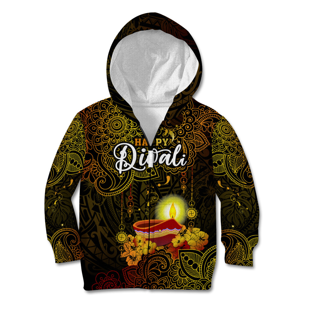 Personalized Happy Diwali Festival Kid Hoodie Diya Lamp Hibiscus Polynesian Pattern LT05 Zip Hoodie Yellow - Polynesian Pride