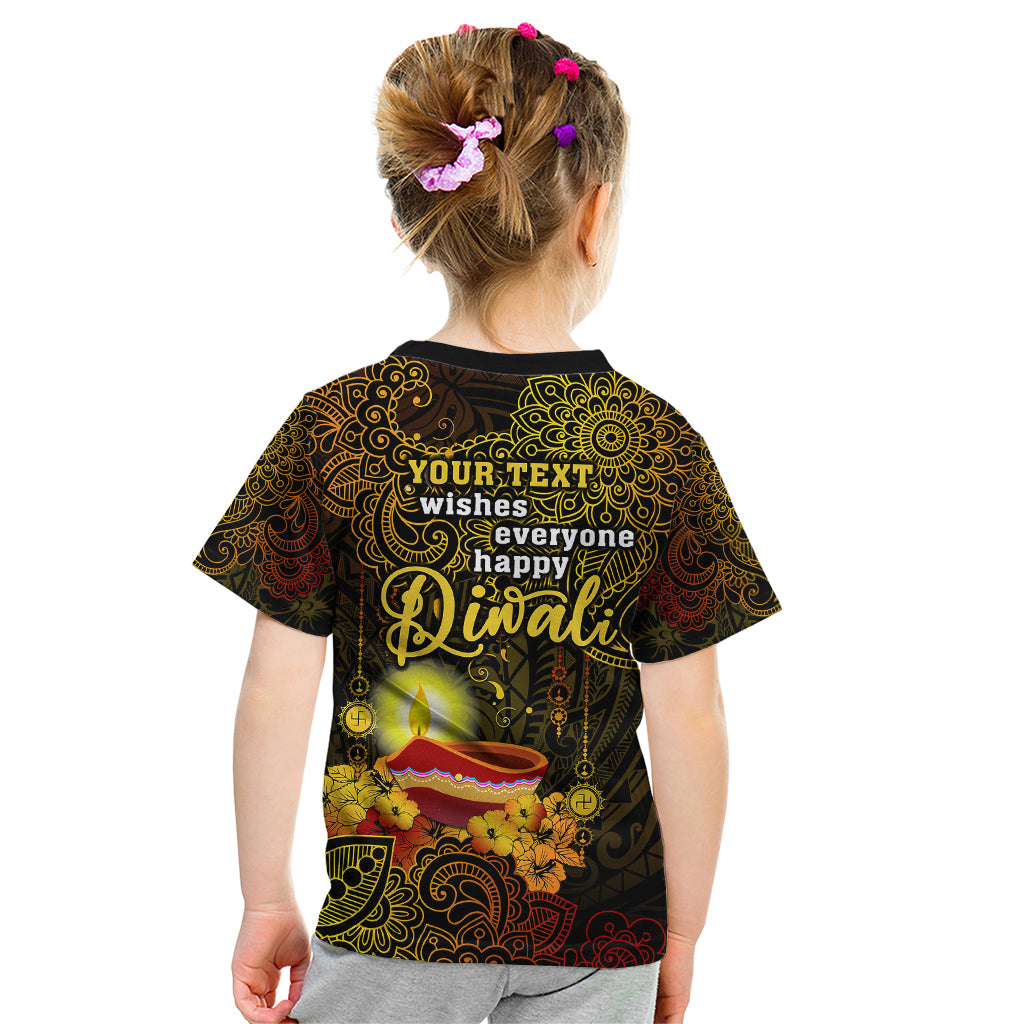 Personalized Happy Diwali Festival Kid T Shirt Diya Lamp Hibiscus Polynesian Pattern LT05 - Polynesian Pride