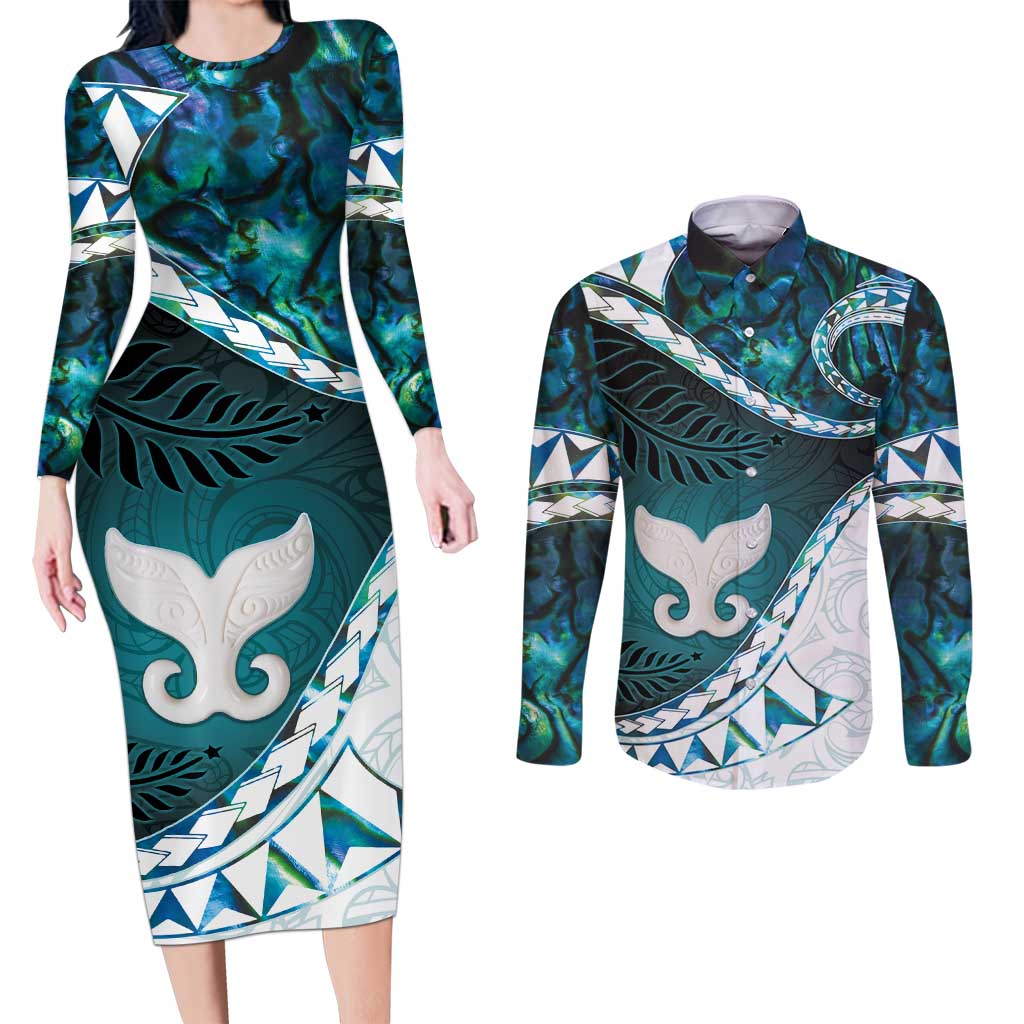 Aotearoa New Zealand Couples Matching Long Sleeve Bodycon Dress and Long Sleeve Button Shirt Maori Wera Paua Shell Teal Glitter LT05 Teal - Polynesian Pride