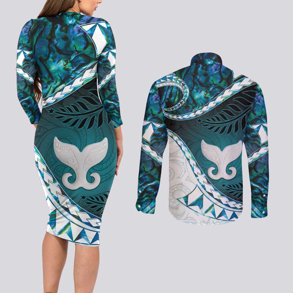 Aotearoa New Zealand Couples Matching Long Sleeve Bodycon Dress and Long Sleeve Button Shirt Maori Wera Paua Shell Teal Glitter LT05 - Polynesian Pride