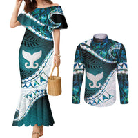 Aotearoa New Zealand Couples Matching Mermaid Dress and Long Sleeve Button Shirt Maori Wera Paua Shell Teal Glitter LT05 Teal - Polynesian Pride