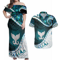 Aotearoa New Zealand Couples Matching Off Shoulder Maxi Dress and Hawaiian Shirt Maori Wera Paua Shell Teal Glitter LT05 Teal - Polynesian Pride