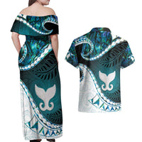 Aotearoa New Zealand Couples Matching Off Shoulder Maxi Dress and Hawaiian Shirt Maori Wera Paua Shell Teal Glitter LT05 - Polynesian Pride