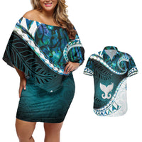 Aotearoa New Zealand Couples Matching Off Shoulder Short Dress and Hawaiian Shirt Maori Wera Paua Shell Teal Glitter LT05 Teal - Polynesian Pride