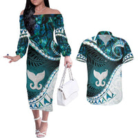 Aotearoa New Zealand Couples Matching Off The Shoulder Long Sleeve Dress and Hawaiian Shirt Maori Wera Paua Shell Teal Glitter LT05 Teal - Polynesian Pride