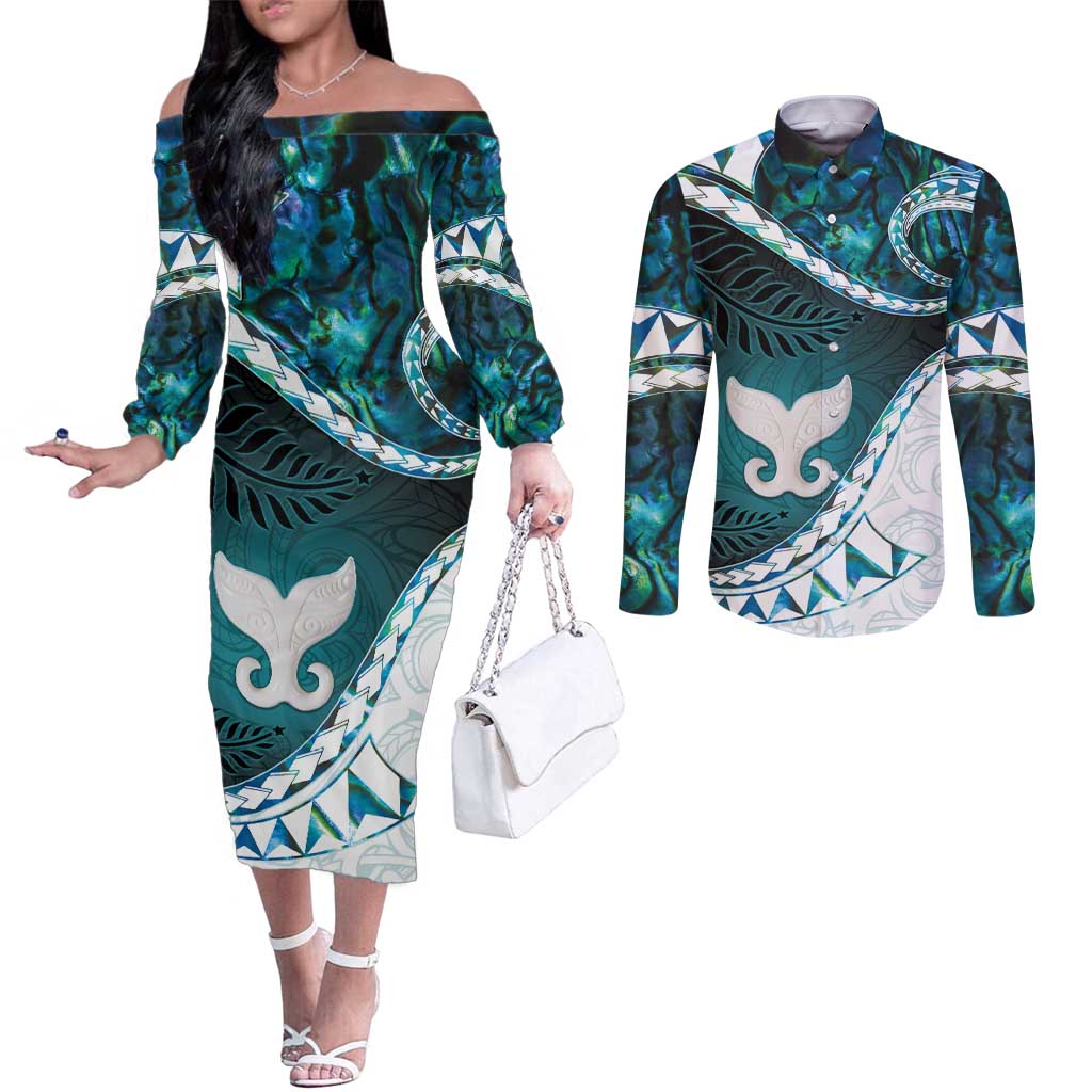 Aotearoa New Zealand Couples Matching Off The Shoulder Long Sleeve Dress and Long Sleeve Button Shirt Maori Wera Paua Shell Teal Glitter LT05 Teal - Polynesian Pride