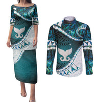 Aotearoa New Zealand Couples Matching Puletasi and Long Sleeve Button Shirt Maori Wera Paua Shell Teal Glitter LT05 Teal - Polynesian Pride