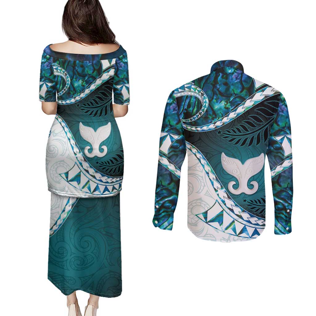 Aotearoa New Zealand Couples Matching Puletasi and Long Sleeve Button Shirt Maori Wera Paua Shell Teal Glitter LT05 - Polynesian Pride