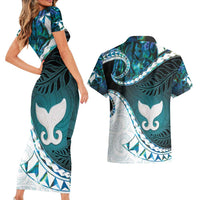 Aotearoa New Zealand Couples Matching Short Sleeve Bodycon Dress and Hawaiian Shirt Maori Wera Paua Shell Teal Glitter LT05 - Polynesian Pride