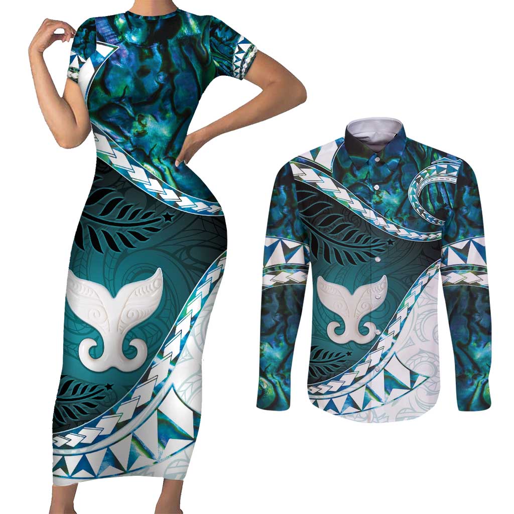 Aotearoa New Zealand Couples Matching Short Sleeve Bodycon Dress and Long Sleeve Button Shirt Maori Wera Paua Shell Teal Glitter LT05 Teal - Polynesian Pride