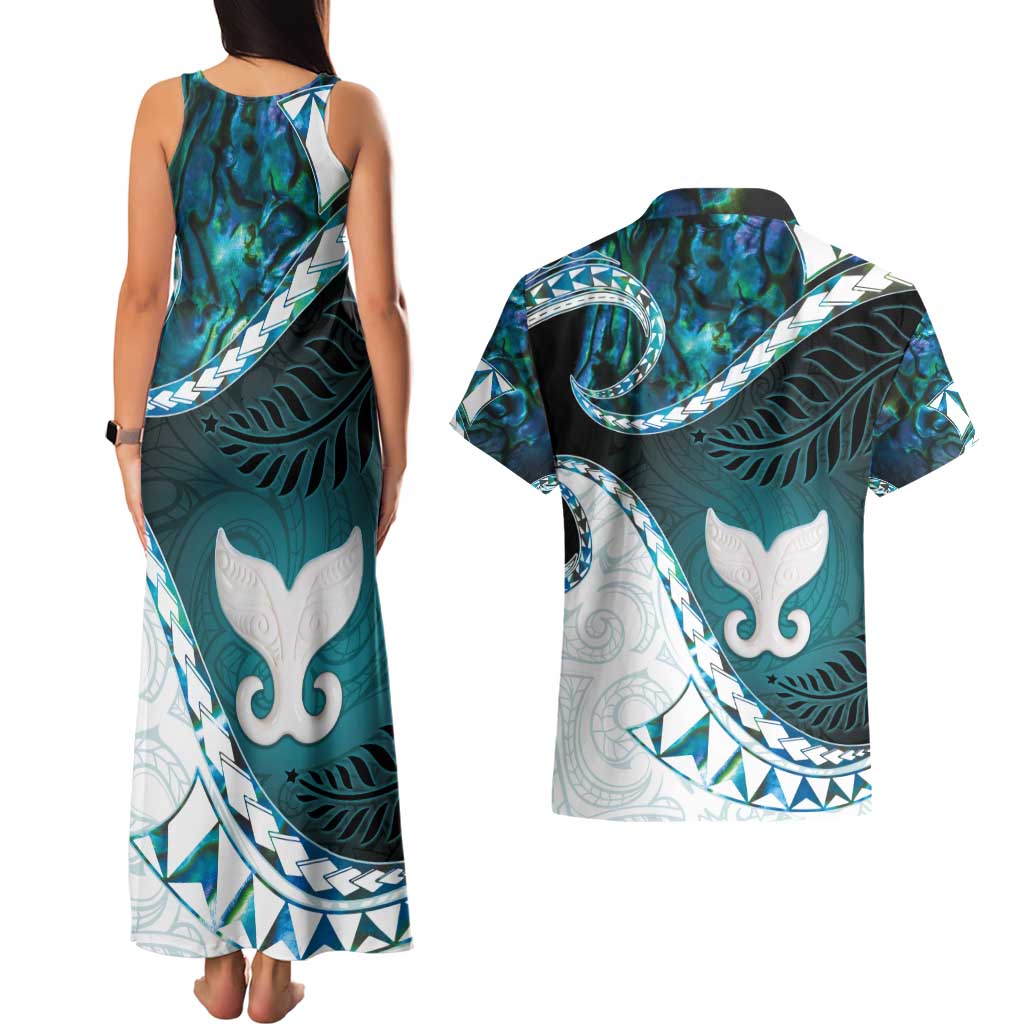 Aotearoa New Zealand Couples Matching Tank Maxi Dress and Hawaiian Shirt Maori Wera Paua Shell Teal Glitter LT05 - Polynesian Pride
