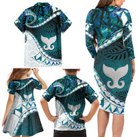 Aotearoa New Zealand Family Matching Long Sleeve Bodycon Dress and Hawaiian Shirt Maori Wera Paua Shell Teal Glitter LT05 - Polynesian Pride