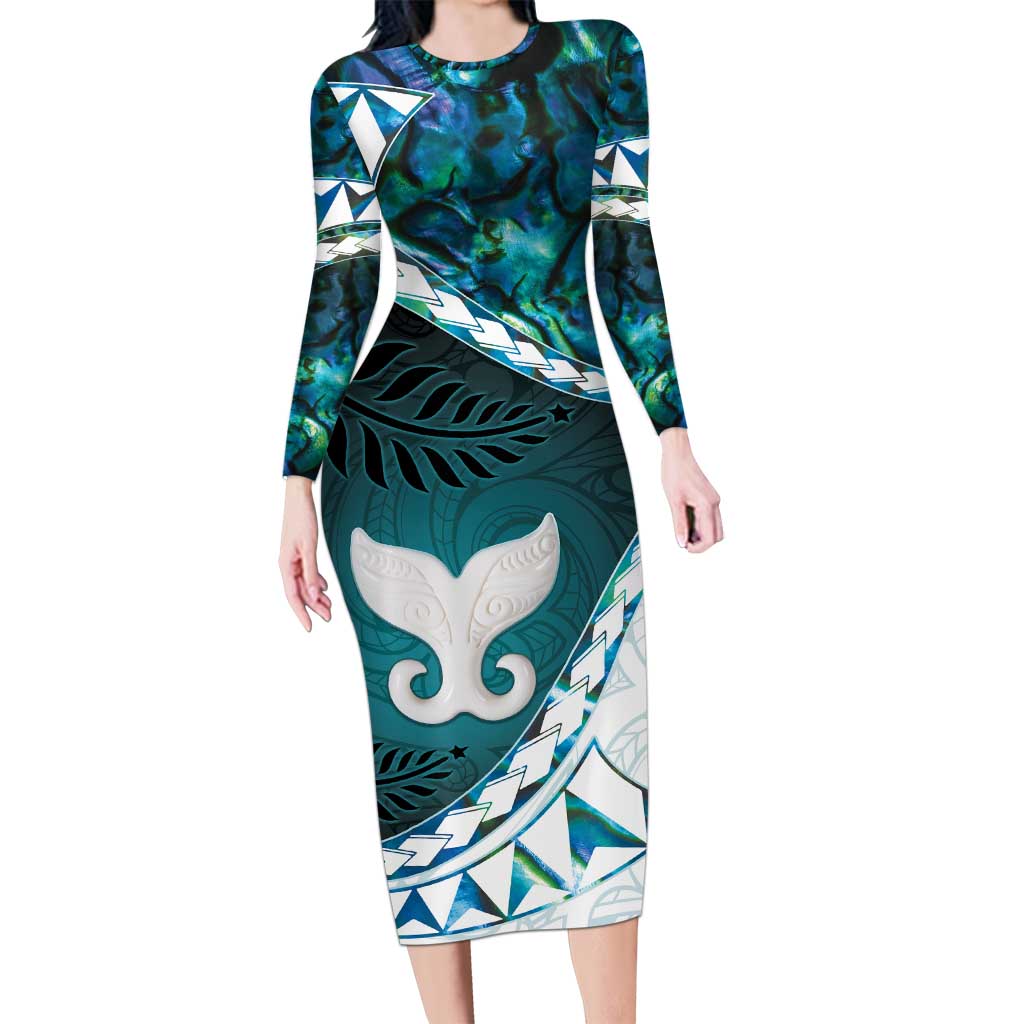Aotearoa New Zealand Family Matching Long Sleeve Bodycon Dress and Hawaiian Shirt Maori Wera Paua Shell Teal Glitter LT05 Mom's Dress Teal - Polynesian Pride