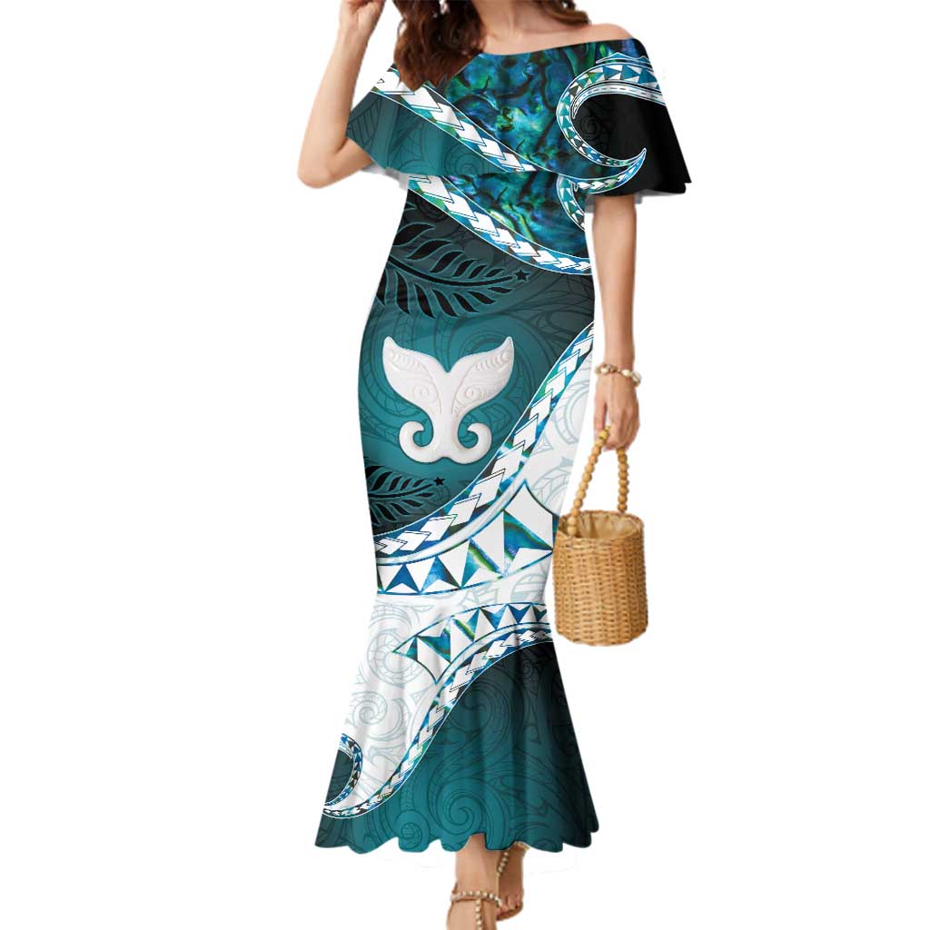 Aotearoa New Zealand Family Matching Mermaid Dress and Hawaiian Shirt Maori Wera Paua Shell Teal Glitter LT05 Mom's Dress Teal - Polynesian Pride