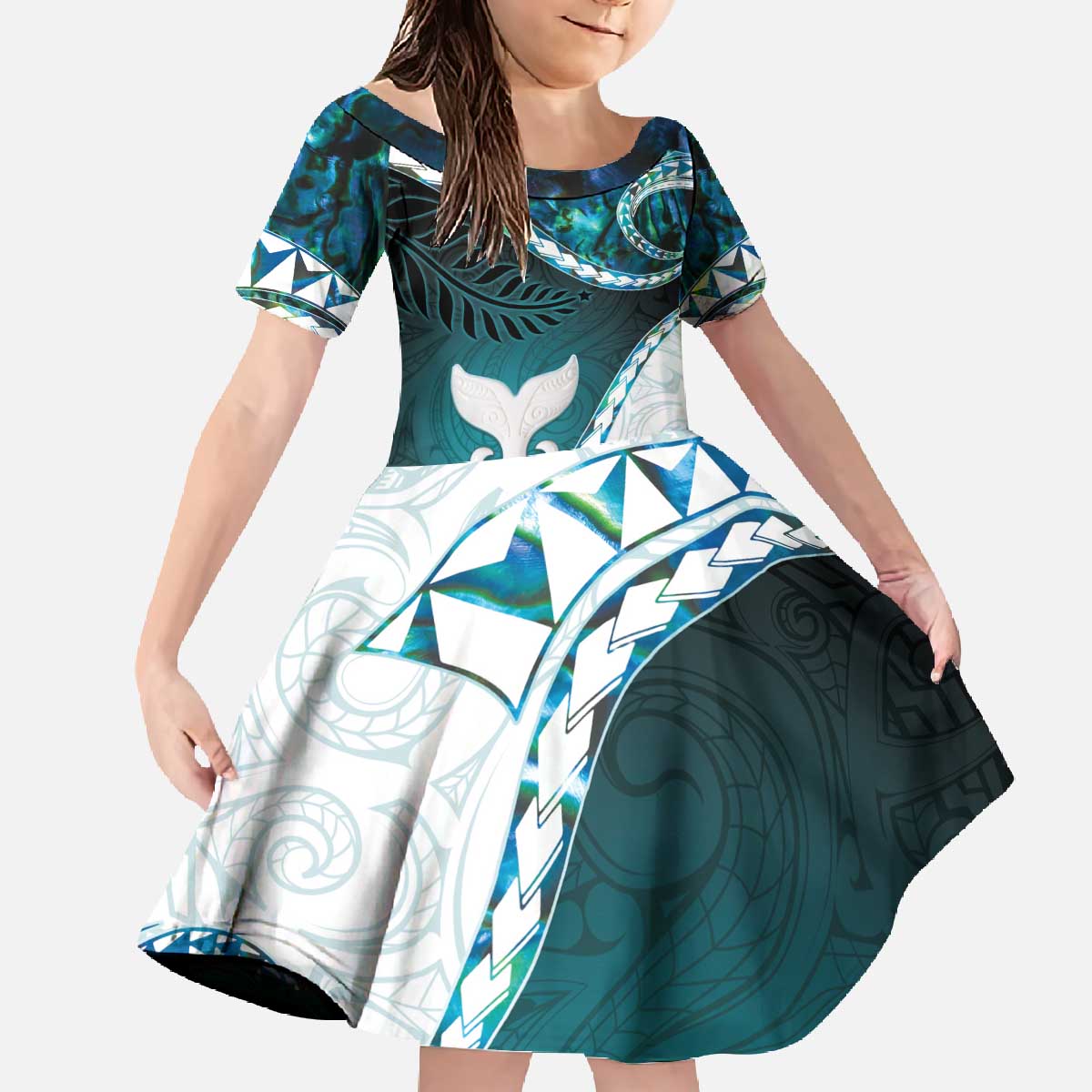 Aotearoa New Zealand Family Matching Off The Shoulder Long Sleeve Dress and Hawaiian Shirt Maori Wera Paua Shell Teal Glitter LT05 Daughter's Dress Teal - Polynesian Pride