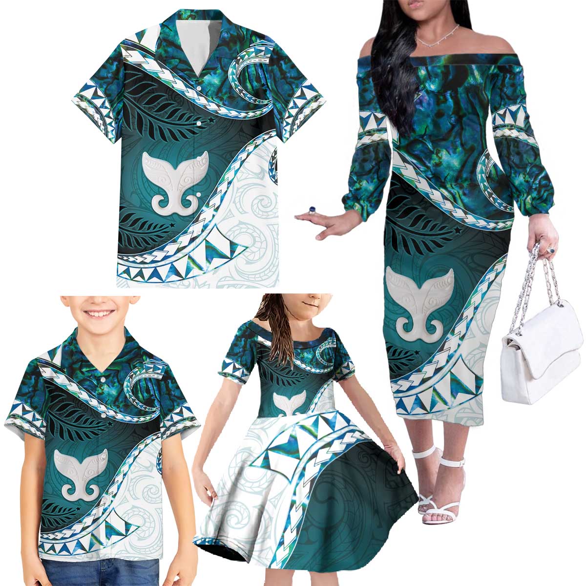 Aotearoa New Zealand Family Matching Off The Shoulder Long Sleeve Dress and Hawaiian Shirt Maori Wera Paua Shell Teal Glitter LT05 - Polynesian Pride