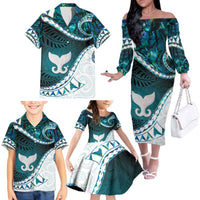 Aotearoa New Zealand Family Matching Off The Shoulder Long Sleeve Dress and Hawaiian Shirt Maori Wera Paua Shell Teal Glitter LT05 - Polynesian Pride
