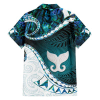 Aotearoa New Zealand Family Matching Off The Shoulder Long Sleeve Dress and Hawaiian Shirt Maori Wera Paua Shell Teal Glitter LT05 - Polynesian Pride