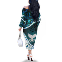 Aotearoa New Zealand Family Matching Off The Shoulder Long Sleeve Dress and Hawaiian Shirt Maori Wera Paua Shell Teal Glitter LT05 - Polynesian Pride