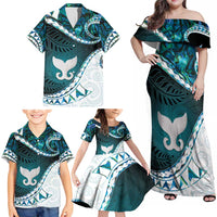 Aotearoa New Zealand Family Matching Off Shoulder Maxi Dress and Hawaiian Shirt Maori Wera Paua Shell Teal Glitter LT05 - Polynesian Pride