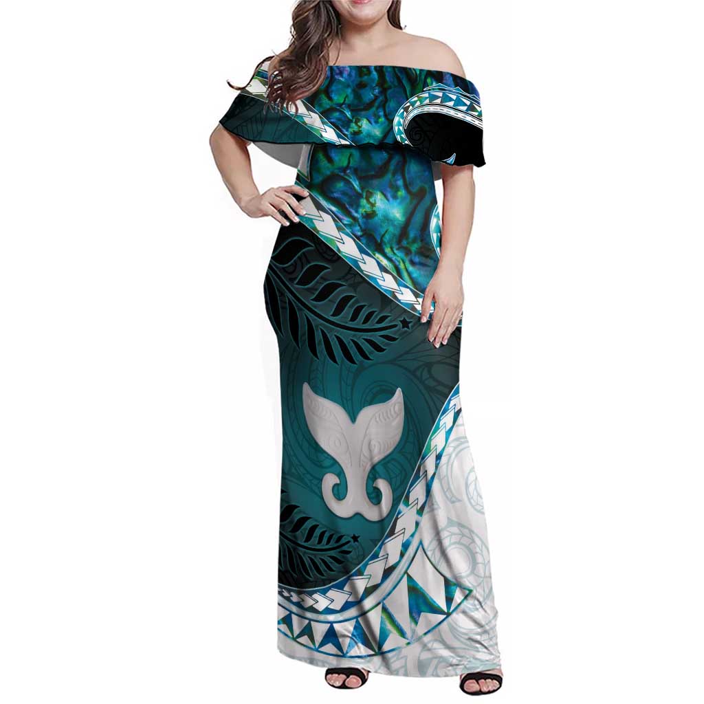 Aotearoa New Zealand Family Matching Off Shoulder Maxi Dress and Hawaiian Shirt Maori Wera Paua Shell Teal Glitter LT05 Mom's Dress Teal - Polynesian Pride
